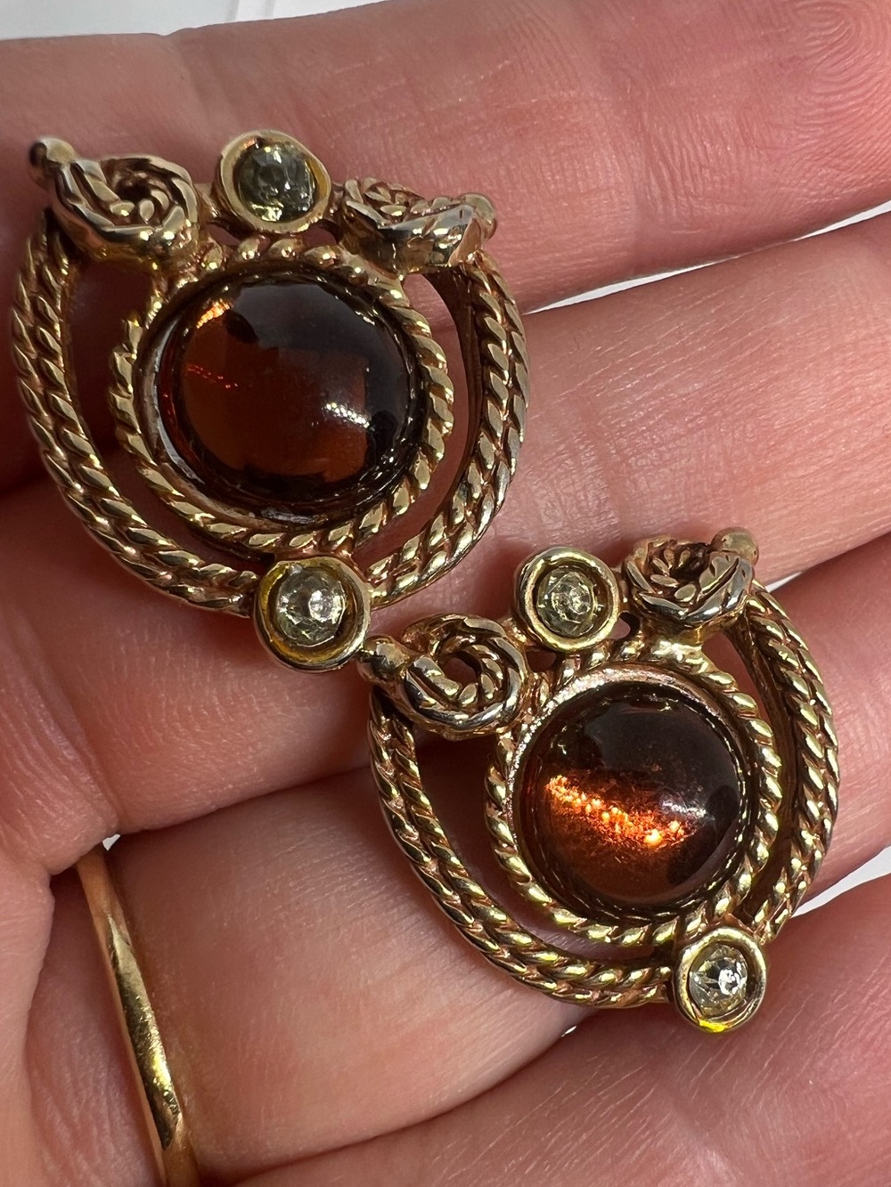 Gold-Tone Brown Glass Cabochon Floral Stud Earrings